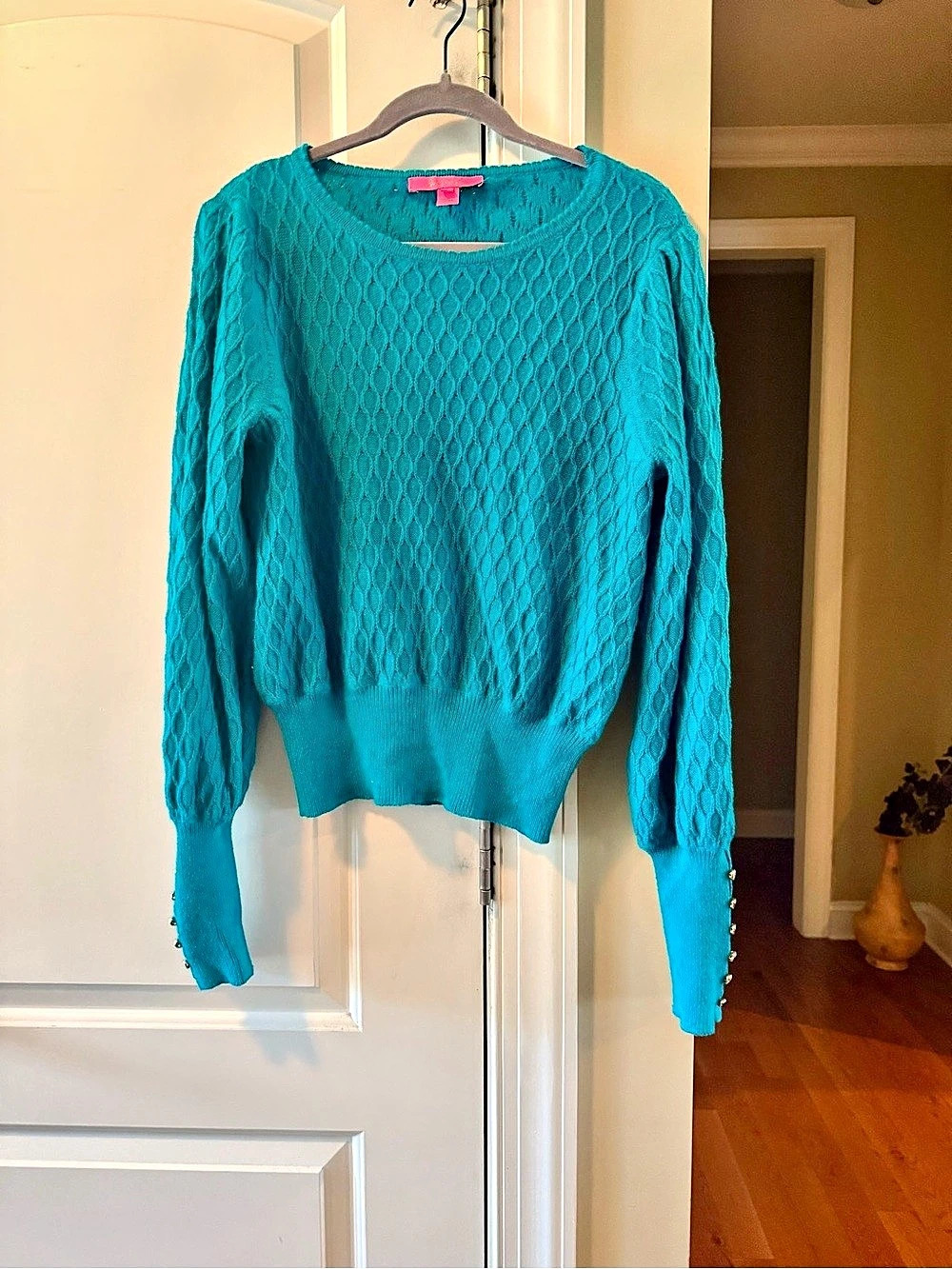 Lilly Pulitzer Teal Turquoise Open Knit Sweater Gold Button Cuffs Medium